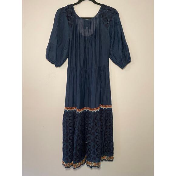 Johnny Was Jade Women's size Small Navy Blue Embroidered Puff Sleeve Midi Dress - Picture 8 of 11